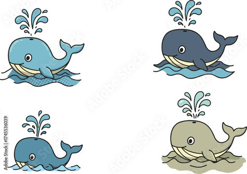 Cute cartoon whales playfully spouting water, set in various ocean scenes, perfect for children's designs and marine-themed art projects.