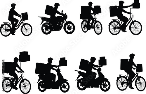 Delivery rider icon set, courier silhouette vector, bike and scooter transport, package service, helmet gear, motion, line illustration