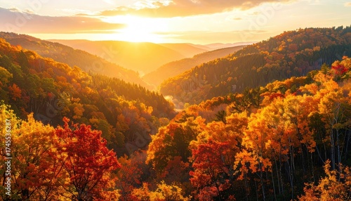 Scenic Autumn Landscape at Sunset with Vibrant Orange and Yellow Foliage in Valley Under Golden Light Radiating From the Horizon in Natural Environment