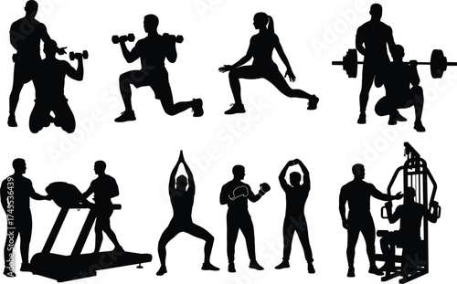 Gym workout silhouette set, fitness training poses, personal coaching scenes, strength exercise icons, active lifestyle, vector isolated, editable