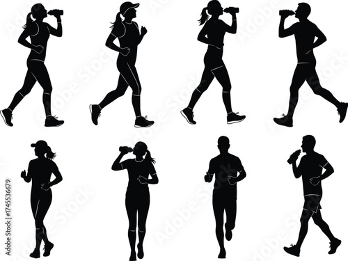 Jogging hydration icon set, running silhouette vector, fitness drink, outdoor exercise, water bottle, health, motion, line illustration