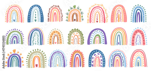 Floral rainbow boho set. Tribal chic rainbow with flowers and hearts. Beautiful bohemian graphic element. Vector doodle hand drawn illustration