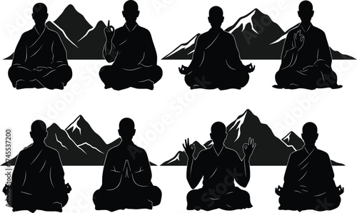 Meditation icon set, spiritual silhouette vector, mountain backdrop, mudra gesture, peaceful posture, mindfulness, nature, line illustration
