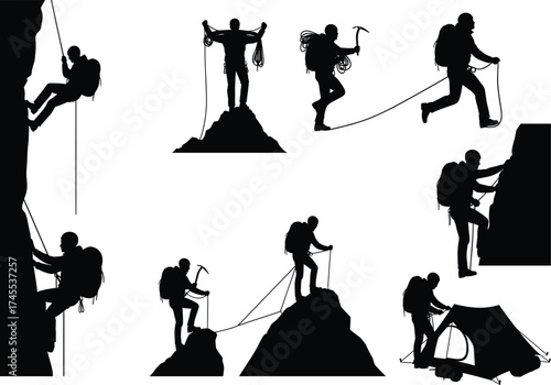 Mountaineering icon set, climber silhouette vector, rope ascent, summit pose, tent setup, outdoor adventure, exploration, line illustrationt
