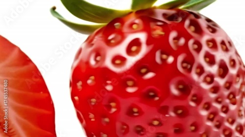 SUPER SLOW MOTION shot of fresh sliced strawberries white background