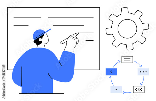 Person writing on a board, gear icon, and flowchart representing management, analysis, workflow, development, brainstorming, innovation and process strategy. Clean flat design metaphor