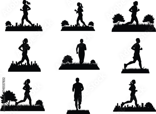 Running icon set, jogging silhouette vector, outdoor fitness, city skyline, nature trail, exercise, health, motion, line illustration