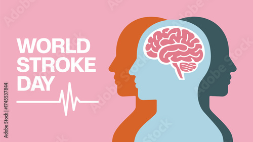 Vector art of world stroke day awareness graphic with brain illustration and heartbeat line