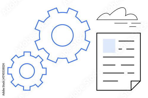 Two interlocked gears, a document with text layout, and a minimalist cloud outline. Ideal for workflow, automation, business process, innovation, system integration, productivity simple flat