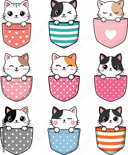 Cute cartoon kittens peeking out of colorful patterned pockets