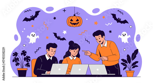 Halloween Office Team Collaboration Illustration Spooky Seasonal Workday Fun with Pumpkins Ghosts and Bats
