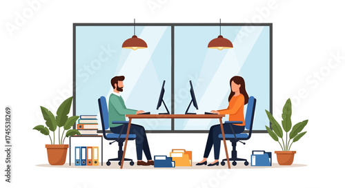 Office Workspace Illustration Man and Woman Working at Desks with Computers