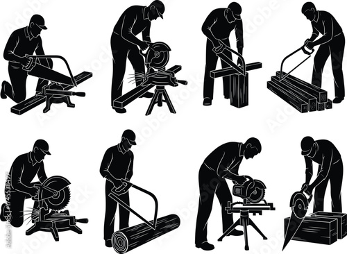 Woodworking icon set, carpenter silhouette vector, hand saw pose, circular saw action, chisel work, craftsmanship, line illustration