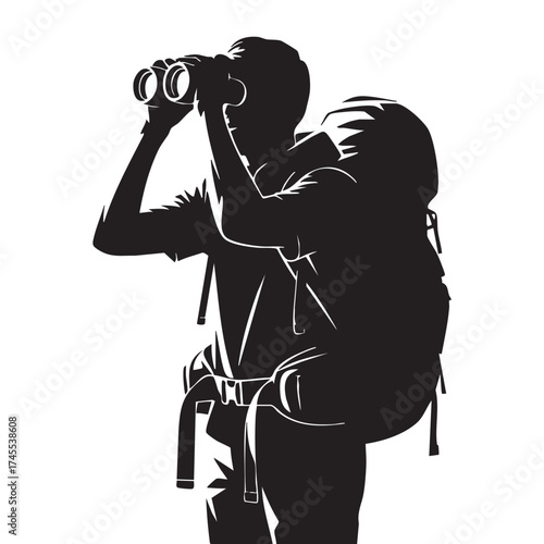 Man with backpack and binoculars looking through the distance silhouette