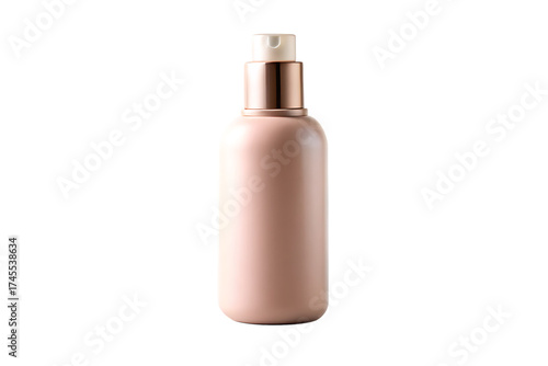 Elegant rose gold cosmetic spray bottle with white pump dispenser isolated on transparent background