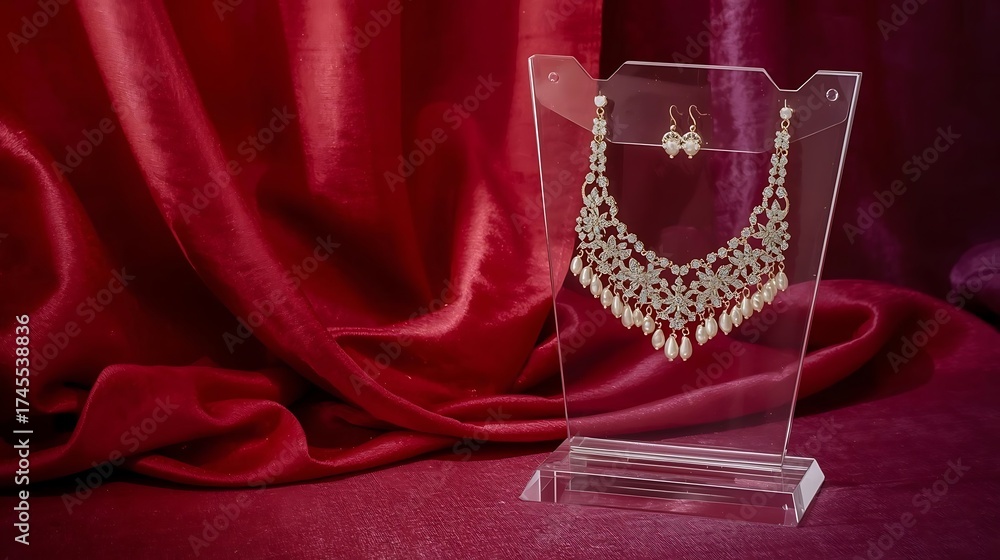 Obraz premium Traditional Indian Bridal Necklace and Earrings Set with Pearls and Stones on Silk Fabric Background