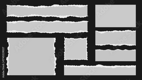 Big set of white torn paper sheet, ripped newspaper strip, retro texture background, text message banner, sticky note and grunge notebook page collage with uneven edge and realistic shadow. Torn paper