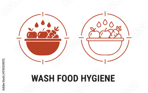 Clean food hygiene line and solid icon.
Disinfecting fruits and veggies outline style pictogram on a white background. Signs for preventing coronavirus for mobile concepts and web design. Vector graph