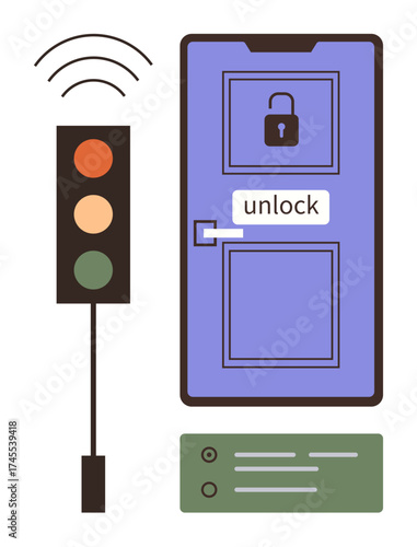 Door with unlocked padlock, traffic light signal with green, yellow, and red lights, wireless waves, control device. Ideal for smart technology, automation, security IoT digital access innovation