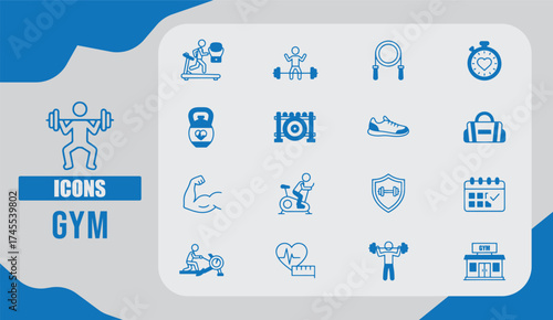  Modern Gym Icon Set Featuring Dumbbells, Kettlebells, Barbells, and Fitness Equipment Symbols