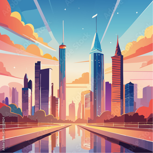 City skyline at sunset with reflective water