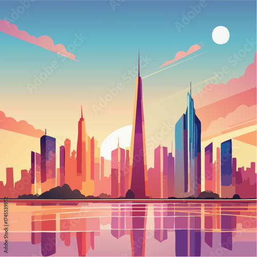 Modern cityscape skyline at sunset over water