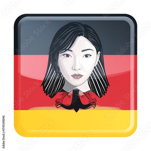 Square button design.  Female portrait over German flag