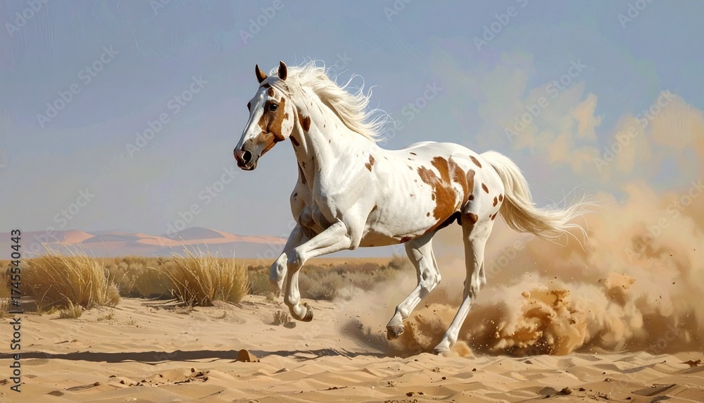 Obraz premium A stunning pinto stallion gallops across a sandy plain.