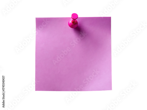 A single blank pink sticky note attached to a wall with a bright pink pushpin isolated on transparent background