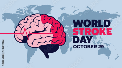 Vector art of world stroke day illustration with brain and world map