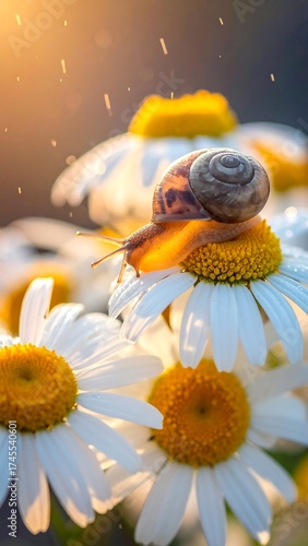 Snail atop a daisy, bathed in golden sunlight