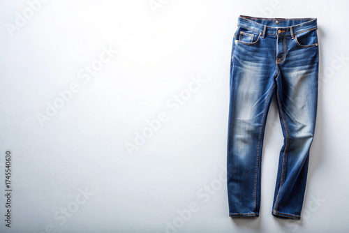 Wallpaper Mural Denim Jeans on Display: A pair of meticulously crafted denim jeans is artfully presented, inviting a focus on texture, form, and the timeless allure of a classic wardrobe staple.  Torontodigital.ca