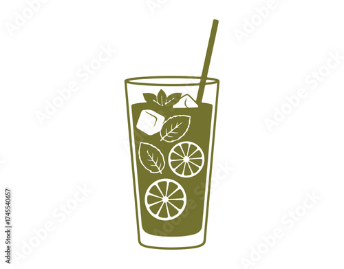 Mojito icon, outlined on a white background.
Drink served in a tall glass with a straw, a rum cocktail featuring lime, mint leaves, and ice cubes.