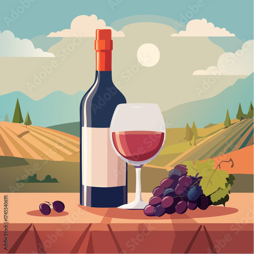 Wine bottle, glass, grapes and vineyard landscape