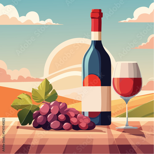 Wine bottle grapes harvest landscape scenic view