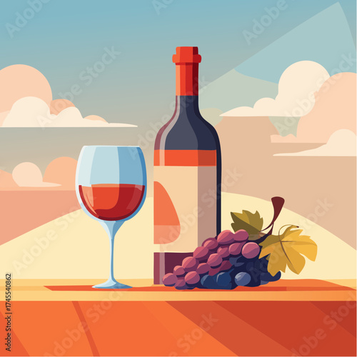 Red wine bottle glass grapes sunset landscape
