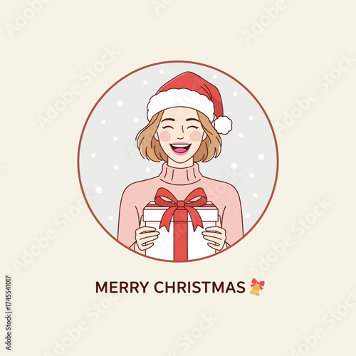 Smiling person in Santa hat holding wrapped gift box with snowy background and Merry Christmas text festive vector illustration for holiday greeting card or seasonal celebration design
