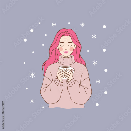 Peaceful woman with pink hair holding warm mug in winter scene vector illustration for self care relaxation or holiday season concept with snowflakes in soft modern flat design