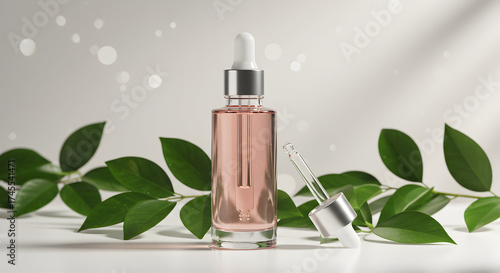 Glass Dropper Bottle of Pink Serum Surrounded by Green Leaves on Softly Blurred Background