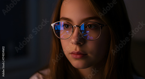 Thoughtful Young Girl in Trendy Glasses with Reflections During a Dimly Lit Evening