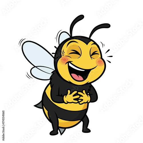 A cheerful cartoon honeybee laughing out loud.