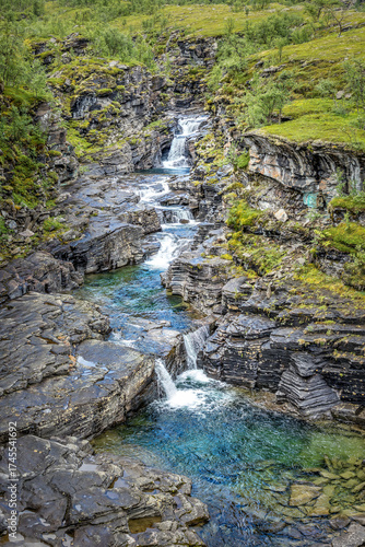 Creek in the wilderness of  Norway framed by lush green grass