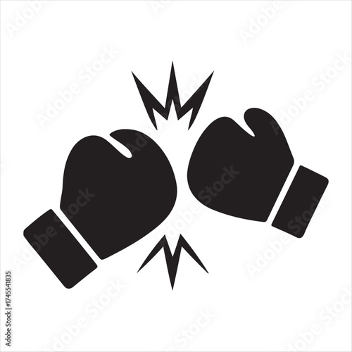 Two black boxing gloves clashing with impact lines symbolizing a fight or competition