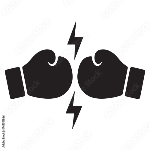 Two black boxing gloves facing each other with lightning bolts symbolizing a fight or competition