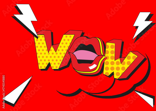Pop art wow lips and lightning bolts on red background
