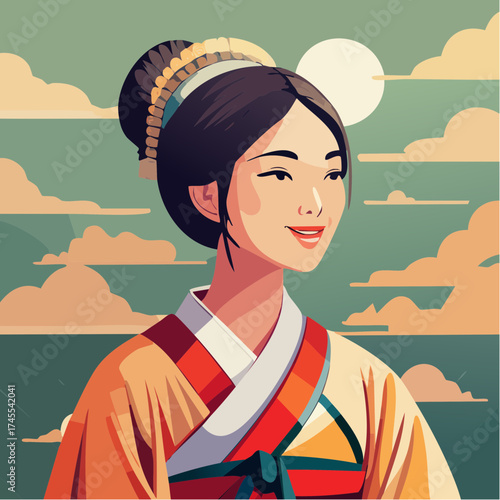 Asian woman in traditional clothing with moonlit sky
