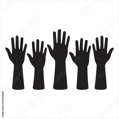 Silhouette of five raised hands in a row against a white background symbolizing unity and participation