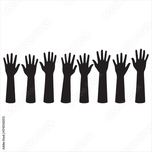 Silhouette of multiple raised hands reaching upwards in a unified gesture against a white background