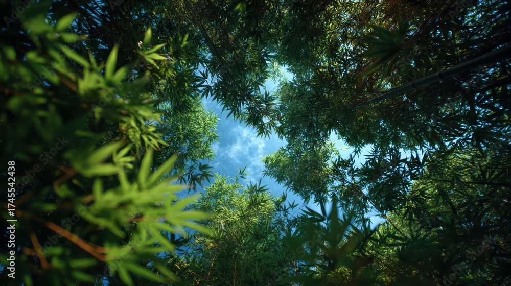 Obraz premium Looking up into dense, overlapping green leaves creating a lush, vibrant natural canopy.