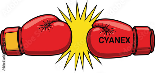 Boxing gloves clash, CYANEX impact burst, cartoon confrontation vector, red gloves collision, sports branding illustration, symbolic conflict design